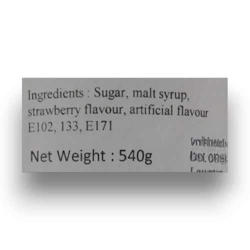 Ingredients and nutrition panel for Sweet Treats Green Apple Candy Poles 540g jar sold by The Professors Online Lolly Shop.