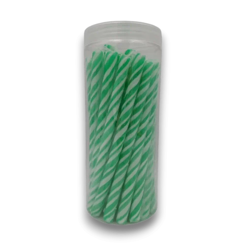 Sweet Treats Green Apple Candy Poles 540g jar showing 30 apple flavoured striped candy poles.