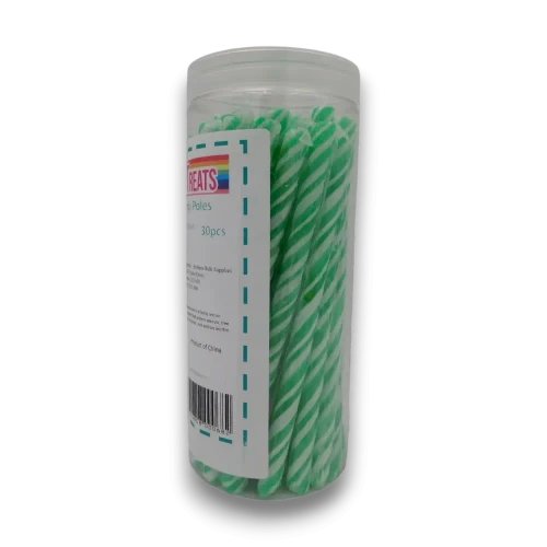 Sweet Treats Green Apple Candy Poles 540g jar displaying green and white striped hard candy poles.