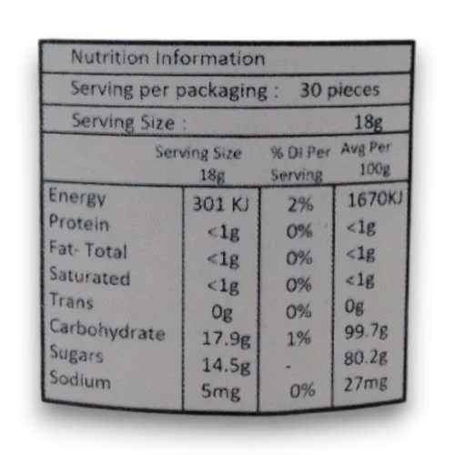 Close-up of Sweet Treats Green Apple Candy Poles nutrition and ingredient information on the 540g jar packaging.