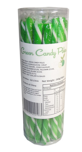 Green Candy Poles Jar 30 x 18g, perfect for Christmas and St. Patrick’s Day events, available at The Professors Online Lolly Shop.