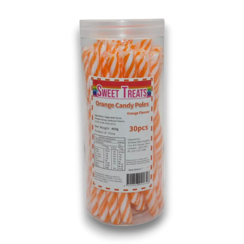 Sweet Treats Orange Candy Poles, 450g jar of 30 orange-flavoured candy poles, available at The Professors Online Lolly Shop Sweet Treats Orange Candy Poles, 450g jar of 30 orange-flavoured candy poles, available at The Professors Online Lolly Shop