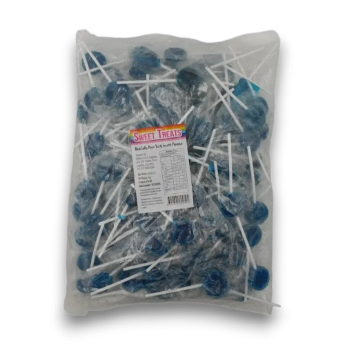 Sweet Treats Blue Flat Pops 1kg bag with approximately 125 tutti frutti flavoured individually wrapped lollipops at The Professors Online Lolly Shop.