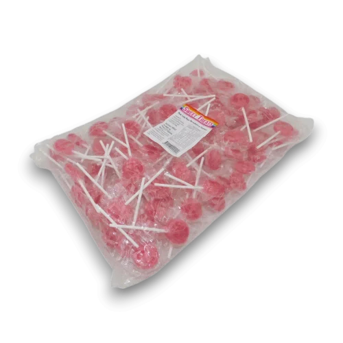 Sweet Treats Pink Flat Pops 1kg bag filled with approximately 125 wrapped hard candy strawberry lollipops.