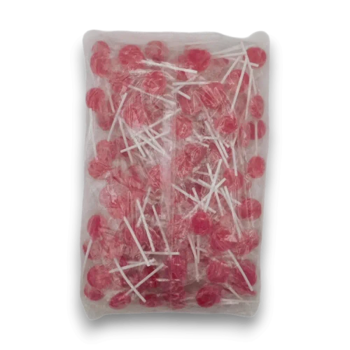 Sweet Treats Pink Flat Pops bulk bag displaying individually wrapped pink flat lollipops from The Professors Online Lolly Shop.
