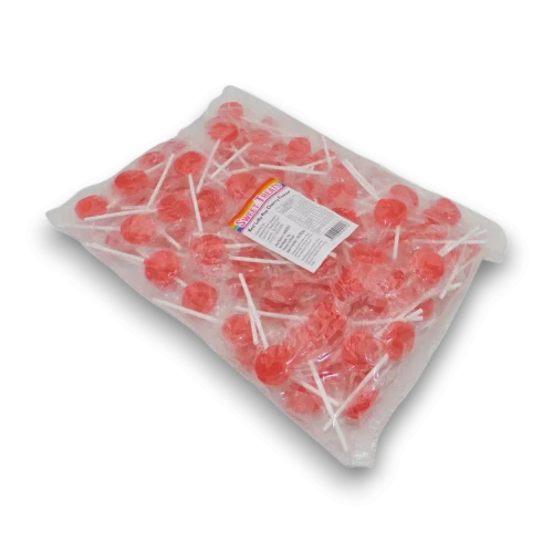 Sweet Treats Red Flat Pops 1kg bulk bag showing individually wrapped red cherry flavoured flat lollipops.
