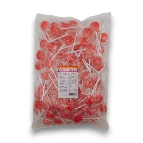 Sweet Treats Red Flat Pops 1kg bag with approximately 125 individually wrapped cherry flavoured lollipops at The Professors Online Lolly Shop.