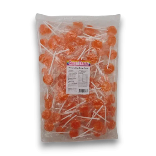 Sweet Treats Orange Flat Pops 1kg bag with approximately 125 individually wrapped orange flavoured flat lollipops at The Professors