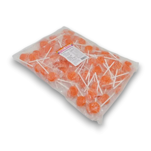 Sweet Treats Orange Flat Pops 1kg bulk bag showing individually wrapped orange flavoured hard candy lollipops.