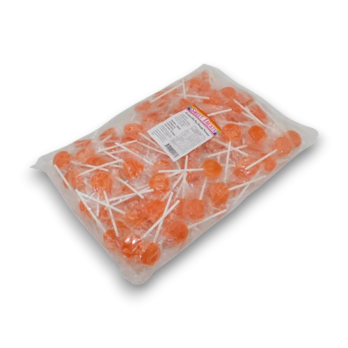 Sweet Treats Orange Flat Pops 1kg bag filled with approximately 125 wrapped orange flavoured flat pops.