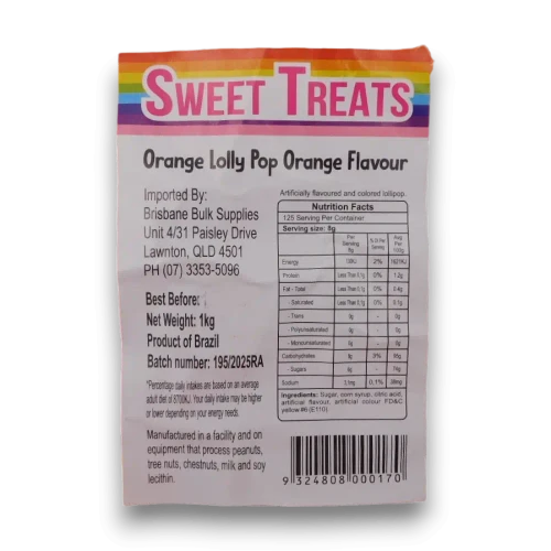 Rear label of Sweet Treats Orange Flat Pops 1kg bag showing product information and nutrition panel.