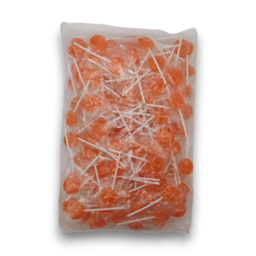 Sweet Treats Orange Flat Pops bulk bag displaying individually wrapped hard candy lollipops from The Professors Online Lolly Shop.