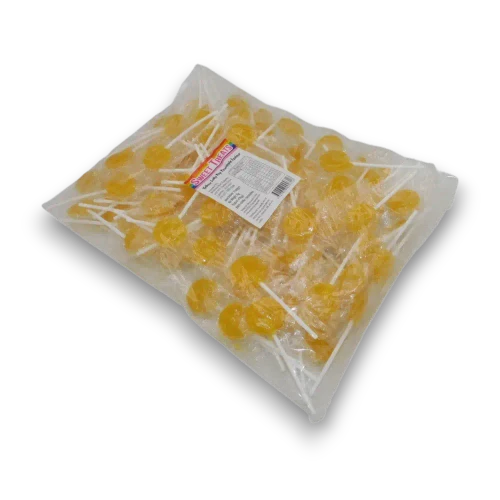 Sweet Treats Yellow Flat Pops 1kg bulk bag showing individually wrapped pineapple flavoured hard candy lollipops.