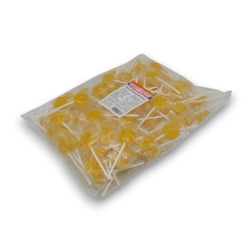 Sweet Treats Yellow Flat Pops 1kg bag filled with approximately 125 wrapped pineapple flavoured flat pops.
