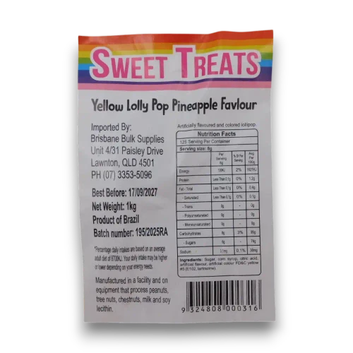 Rear label of Sweet Treats Yellow Flat Pops 1kg bag showing product information and nutrition panel.