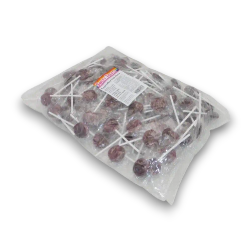 Sweet Treats Purple Flat Pops 1kg bulk bag showing individually wrapped grape flavoured hard candy lollipops.