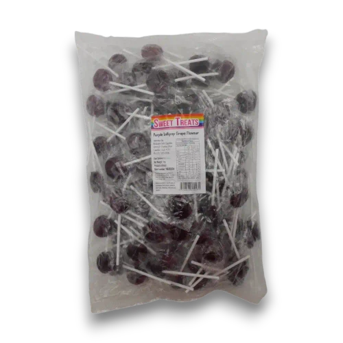 Sweet Treats Purple Flat Pops 1kg bag with approximately 125 individually wrapped grape flavoured flat lollipops at The Professors