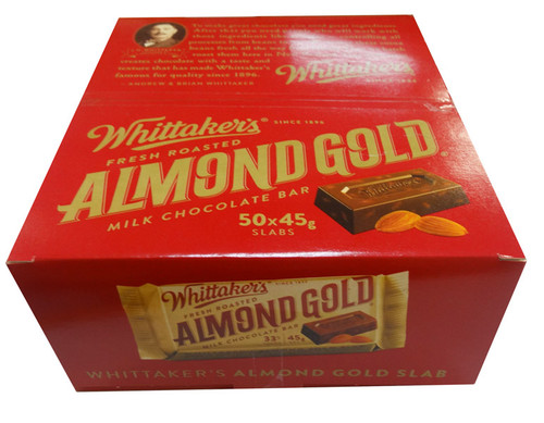 Whittaker’s Almond Gold bulk box containing 50 x 45g bars, perfect for retail and stocking up, available at The Professors.
