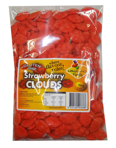 Lolliland Red Strawberry Clouds, 1kg bag of gluten free, sugar-coated gummies at The Professors Online Lolly Shop.