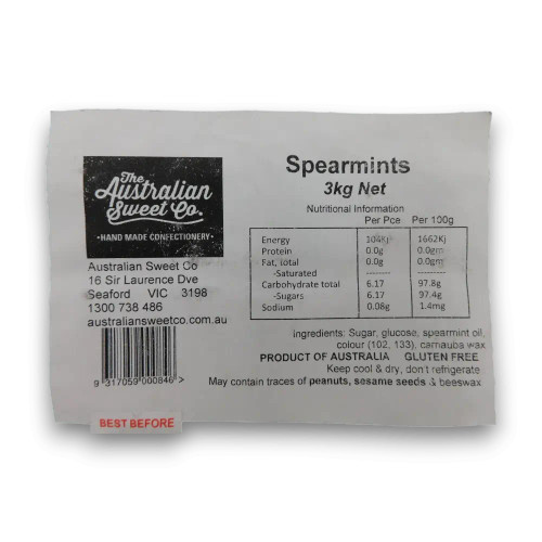 Nutritional information of The Australian Sweet Co - Spearmints (3kg bag).