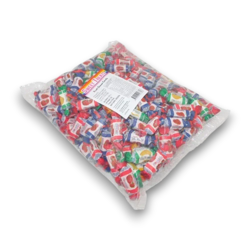 Rainbow-coloured chewy fruit lollies in 1kg packaging, individually wrapped, available at The Professors Online Lolly Shop.