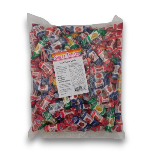 Sweet Treats Fruit Chews showing assorted fruity wrapped lollies in a 1kg bulk bag, available at The Professors Online Lolly Shop.