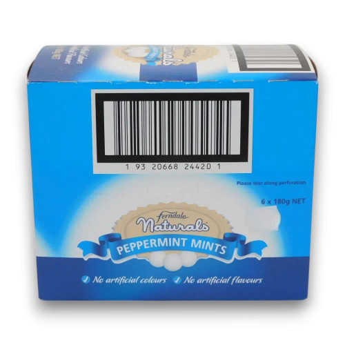 Peppermint-flavoured mints in 180g jars by Ferndale Naturals, shown in bulk packaging, available at The Professors.