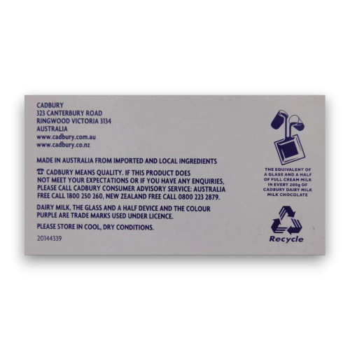 Ingredients list of Cadbury Dairy Milk Original Bar 48 x 50g box, available at The Professors Online Lolly Shop.