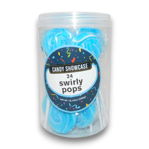 Candy Showcase Swirly Pops 24-piece tub with blue and white swirled lollipops by Lolliland, available at The Professors Candy Showcase Swirly Pops 24-piece tub with blue and white swirled lollipops by Lolliland, available at The Professors