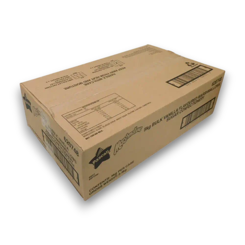 Pascall White Marshmallow Cylinders 5kg bulk carton shown from the right with Pascall branding and barcode