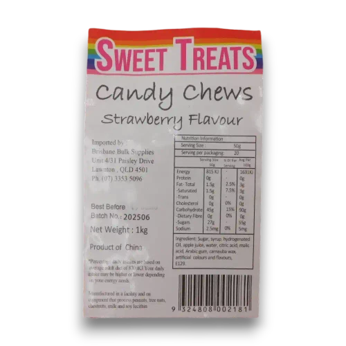 Nutrition panel and product label on Sweet Treats Candy Chews Red 1kg bag available from The Professors Online Lolly Shop.