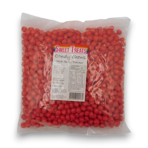 Sweet Treats Candy Chews Red 1kg bag filled with small strawberry flavoured chewy candy pieces from The Professors Online Lolly Shop.