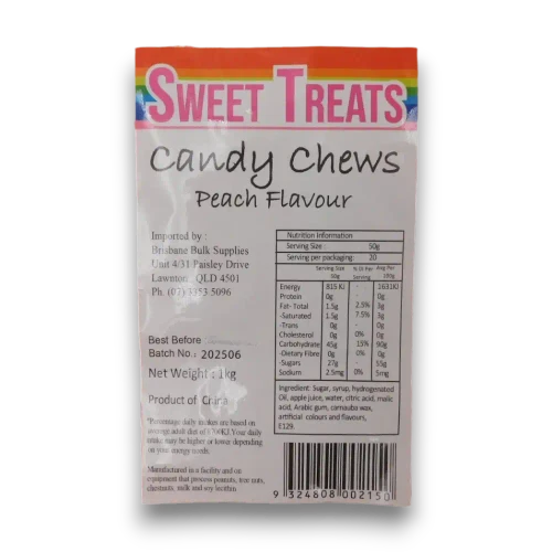 Product label and nutrition information on Sweet Treats Candy Chews Peach Flavour 1kg bag from The Professors Online Lolly Shop.