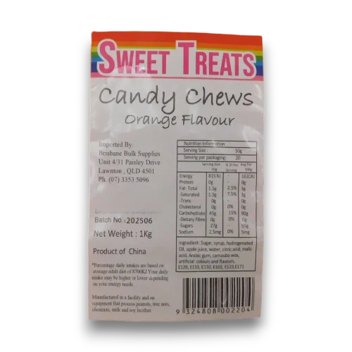 Nutrition panel and product information on Sweet Treats Candy Chews Orange Orange Flavour 1kg bag packaging.