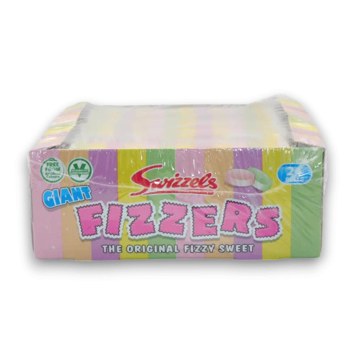 Swizzels Giant Fizzers rolls in a 24 unit pack, featuring individually wrapped rainbow-coloured fizzy candy, available at The Professors
