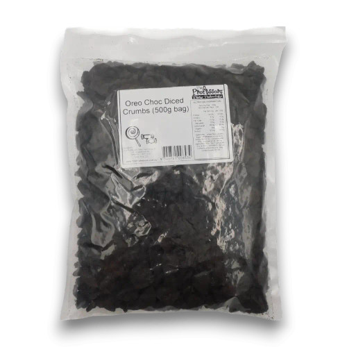 Oreo Choc Diced Crumbs 500g bag, perfect for dessert toppings, available at The Professors Online Lolly Shop.