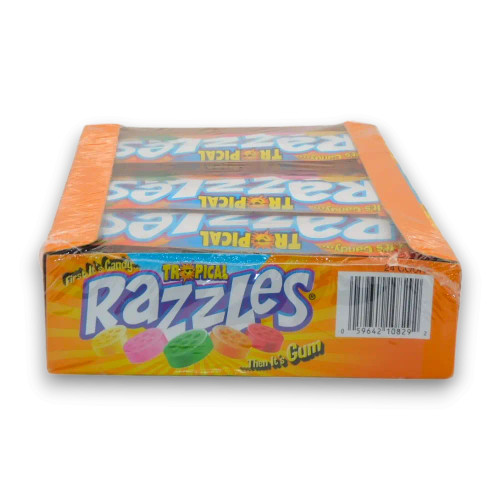 Tropical Razzles in vibrant flavours like Strawberry-Banana and Tropical Punch, available at The Professors Online Lolly Shop.