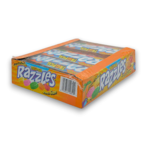 Razzles Tropical candy and gum combo, bright packaging with Kiwi-Lime and Tangerine flavours, available in a bulk box