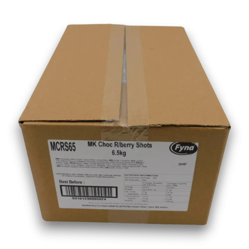 Bulk 6.5kg box of Fyna Milk Choc Raspberry Shots, ideal for candy buffets and events