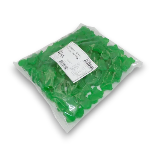 Allseps Green Frogs 1kg bulk bag shown from the right with translucent green frog lollies visible