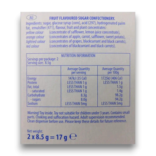 Pez Candy Dispensers - Despicable Me (6 x 17g) nutritional information label, displaying ingredients and dietary details.