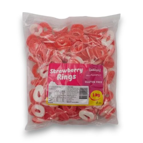 Lolliland Strawberry Rings 1kg bag front view with gluten-free label and two-tone gummy rings visible
