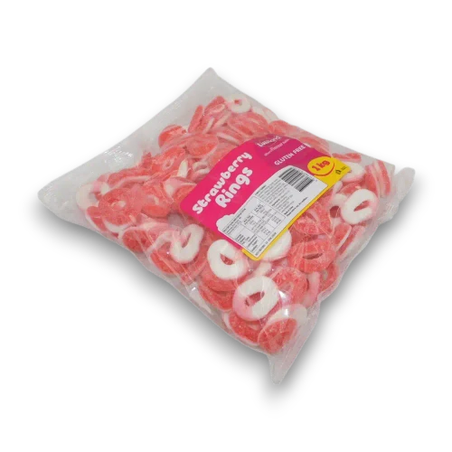 Lolliland Strawberry Rings 1kg bulk bag shown from the left with red and white chewy ring-shaped lollies