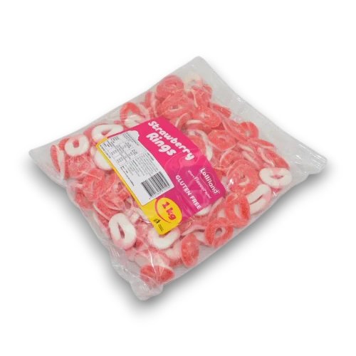 Lolliland Strawberry Rings 1kg bulk bag shown from the right with strawberry-flavoured gummy rings inside