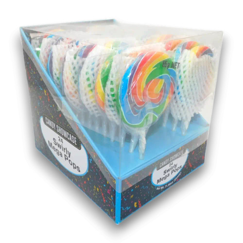 Rainbow-coloured Candy Showcase Mega Swirl Lollipops, 24 individually wrapped 85g lollipops in bulk box Rainbow-coloured Candy Showcase Mega Swirl Lollipops, 24 individually wrapped 85g lollipops in bulk box