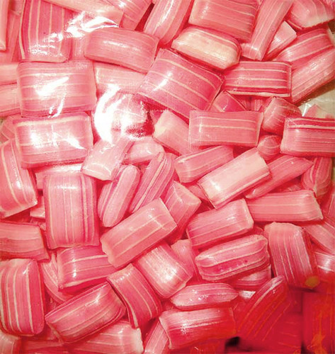 Rock Candy Pillows - Large - Pin Striped - Pink with a Strawberry and Cream Flavour, by Designer Candy,  and more Confectionery at The Professors Online Lolly Shop. (Image Number :10608)