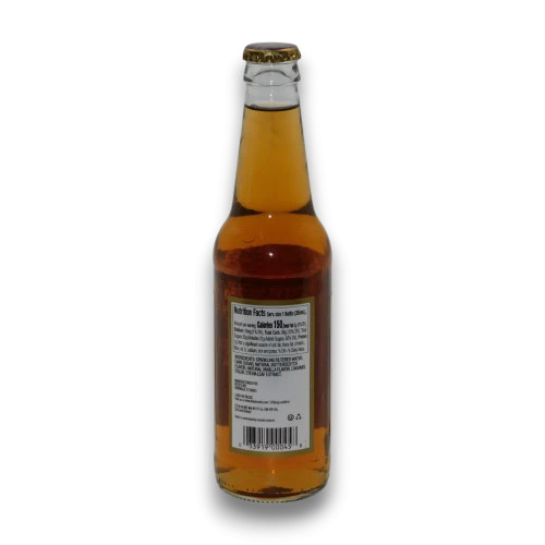Flying Cauldron Butterscotch Beer 355ml glass bottle featuring nutritional details and ingredients, gluten-free and GMO-free.