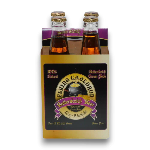 Flying Cauldron Butterscotch Beer 4-pack in a display box, perfect for gifting or sharing magical refreshments.