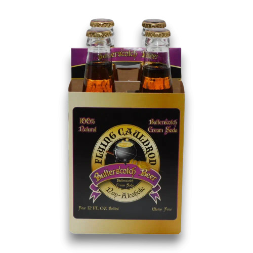 Flying Cauldron Butterscotch Beer 4-pack unit highlighting enchanting branding and creamy butterscotch soda.