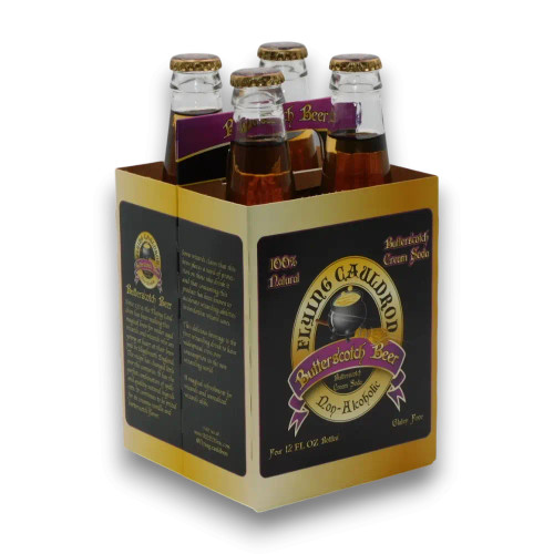 Flying Cauldron Butterscotch Beer 4-pack display unit showcasing elegant packaging with glass bottles, ideal for themed parties.